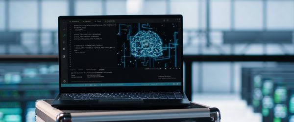 Laptop used by data center system administrators using artificial intelligence tech, handheld camera shot. AI programming language on notebook used by server farm employees, camera A close up