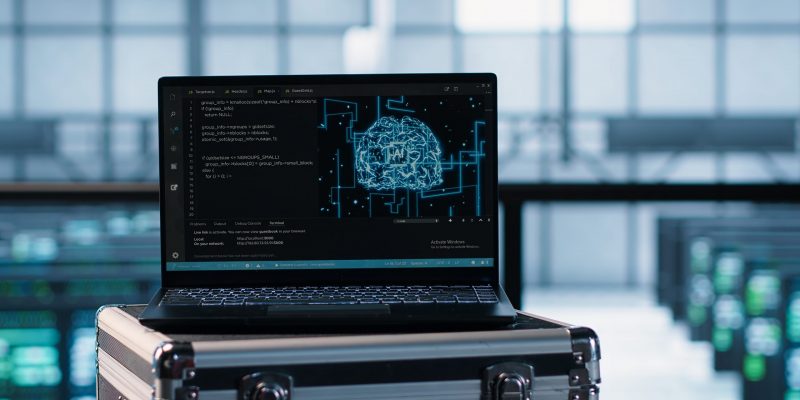 Laptop used by data center system administrators using artificial intelligence tech, handheld camera shot. AI programming language on notebook used by server farm employees, camera A close up
